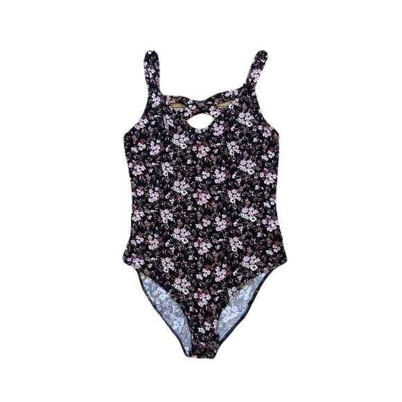 American Eagle Vintage Black Floral Scoop Neck Criss Cross Keyhole Back Bodysuit - Picture 1 of 7